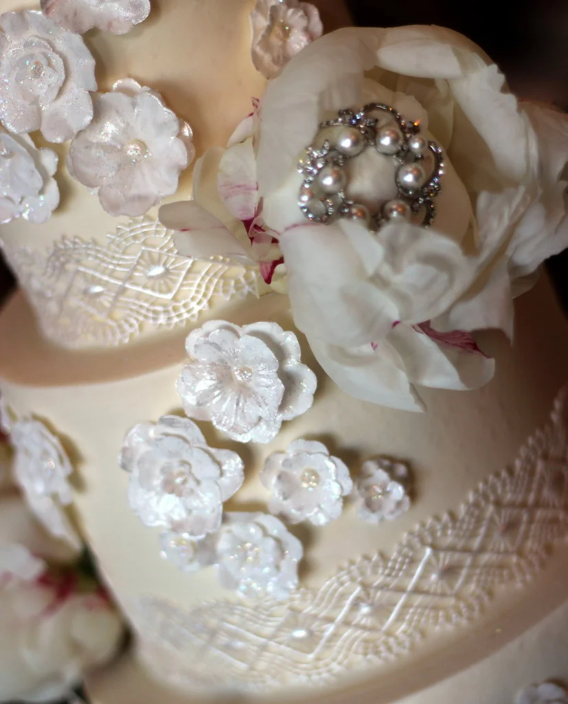 Intricate edible lace wedding cake