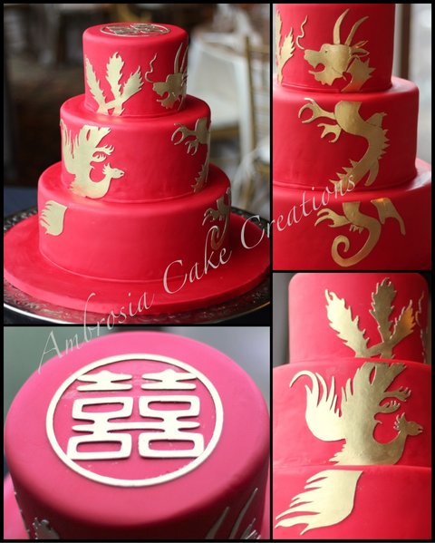 Double happiness with dragon and phoenix wedding cake